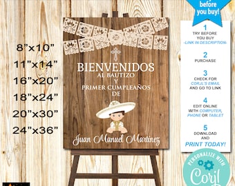 Mi Bautizo Baptism Welcome Sign, Printable, Mexican Style, Wood Background, Gold Toddler Charro, Edit & Download in Corjl, 6 sizes