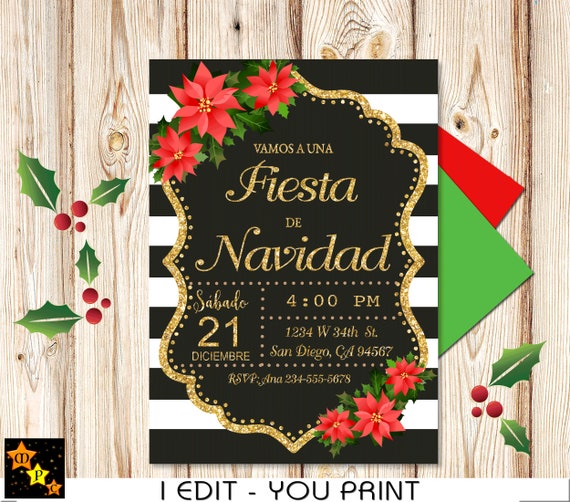 Spanish Christmas Party Invitation Red And Gold Christmas Etsy