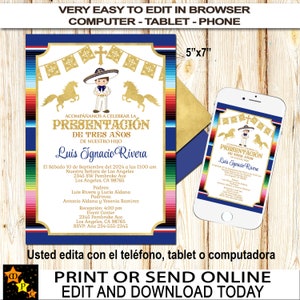 May include: A blue and gold invitation for a boy's third birthday party. The invitation features a cartoon image of a boy in a traditional Mexican outfit. The text on the invitation reads "Presentación de Tres Años" and "Luis Ignacio Rivera". The invitation is decorated with a colorful Mexican serape pattern.