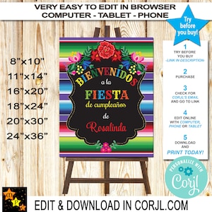 May include: A printable sign for a birthday party with a colorful Mexican serape pattern and the text "Bienvenidos a la Fiesta de cumpleaños de Rosalinda". The sign is available in various sizes, from 8x10 inches to 24x36 inches.