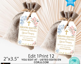 Twins Baptism Gift Thank You Tags, Blue, Pink, Gold Editable, Printable, Corjl