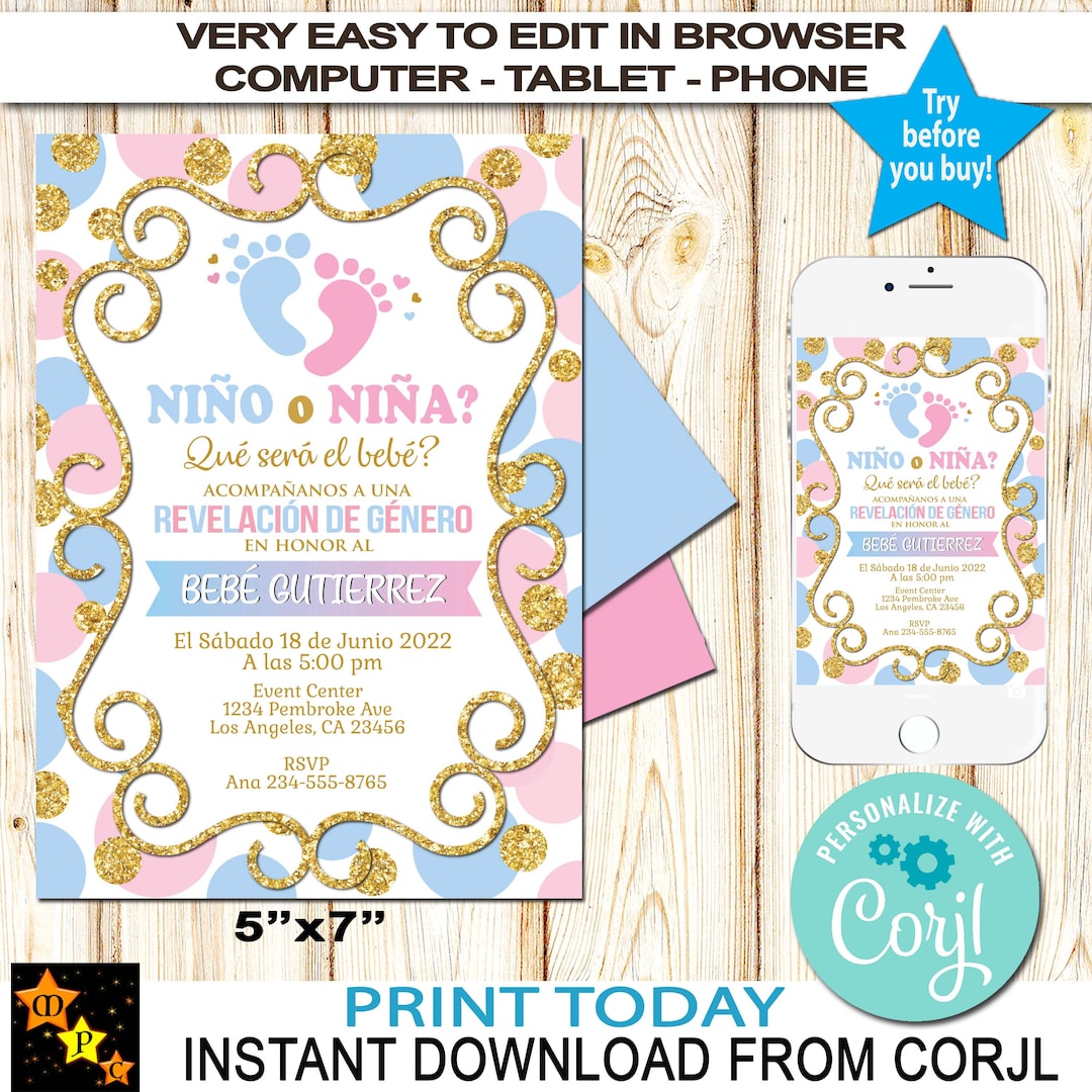 Spanish Gender Reveal Party Invitation, Boy or Girl, He or She, Blue ...