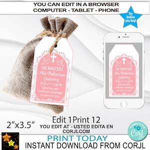Mi Bautizo doop geschenk talavera bedankkaartjes, Mexicaans thema, roze, afdrukbaar, bewerken en downloaden in Corjl, 2&quot; x 3,5&quot;