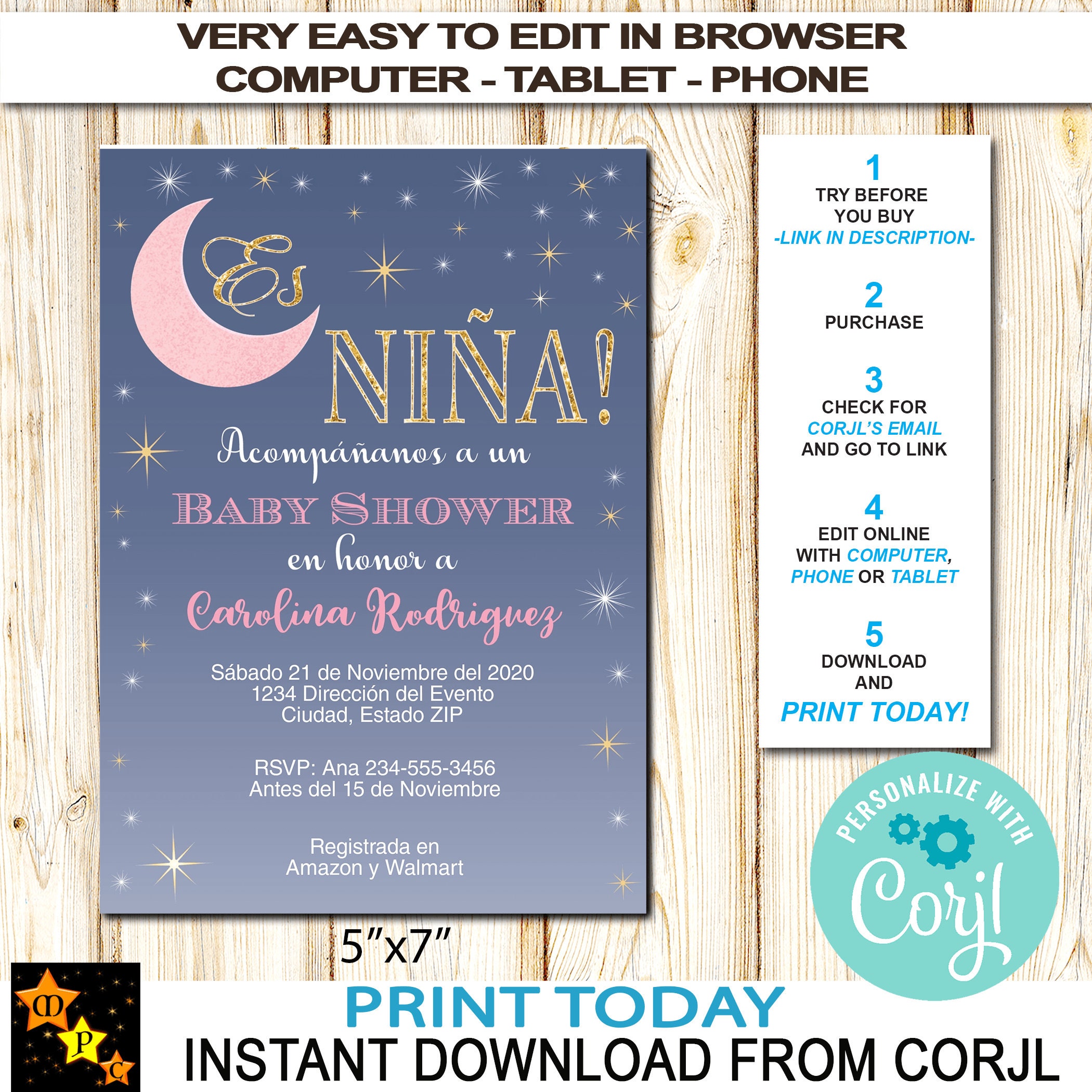 SPANISH Baby Shower Invitation Moon Theme Girl Pink Gold