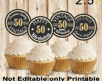 50th Birthday Cupcake Toppers, Vintage Aged Design (Printable)