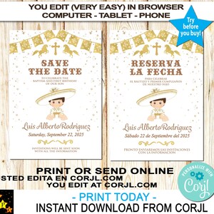May include: Two invitation cards with a gold and white design. The cards feature text in English and Spanish, illustrations of a child in a sombrero, and the text "Save the Date" and "Reserva la Fecha".