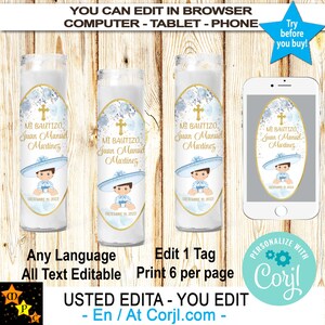 Mi Bautizo Taufe Gebetskerze Etiketten, blaue Rosen, Gold, blau Charro, in Corjl bearbeiten, sofort-Download von Corjl, printable
