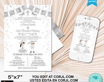 Baptism Invitation Twins Boy Girl Silver Charro Mexican Theme (Digital Download)
