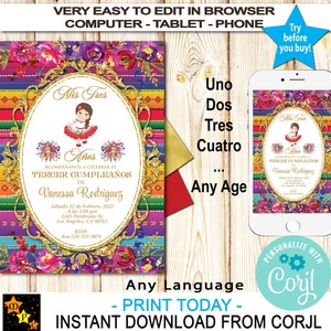 Mis 3 años, cualquier edad, mis 4, invitación de cumpleaños con temática mexicana, sarape, bricolaje, descarga instantánea de Corjl, edición en Corjl, 5" x 7"
