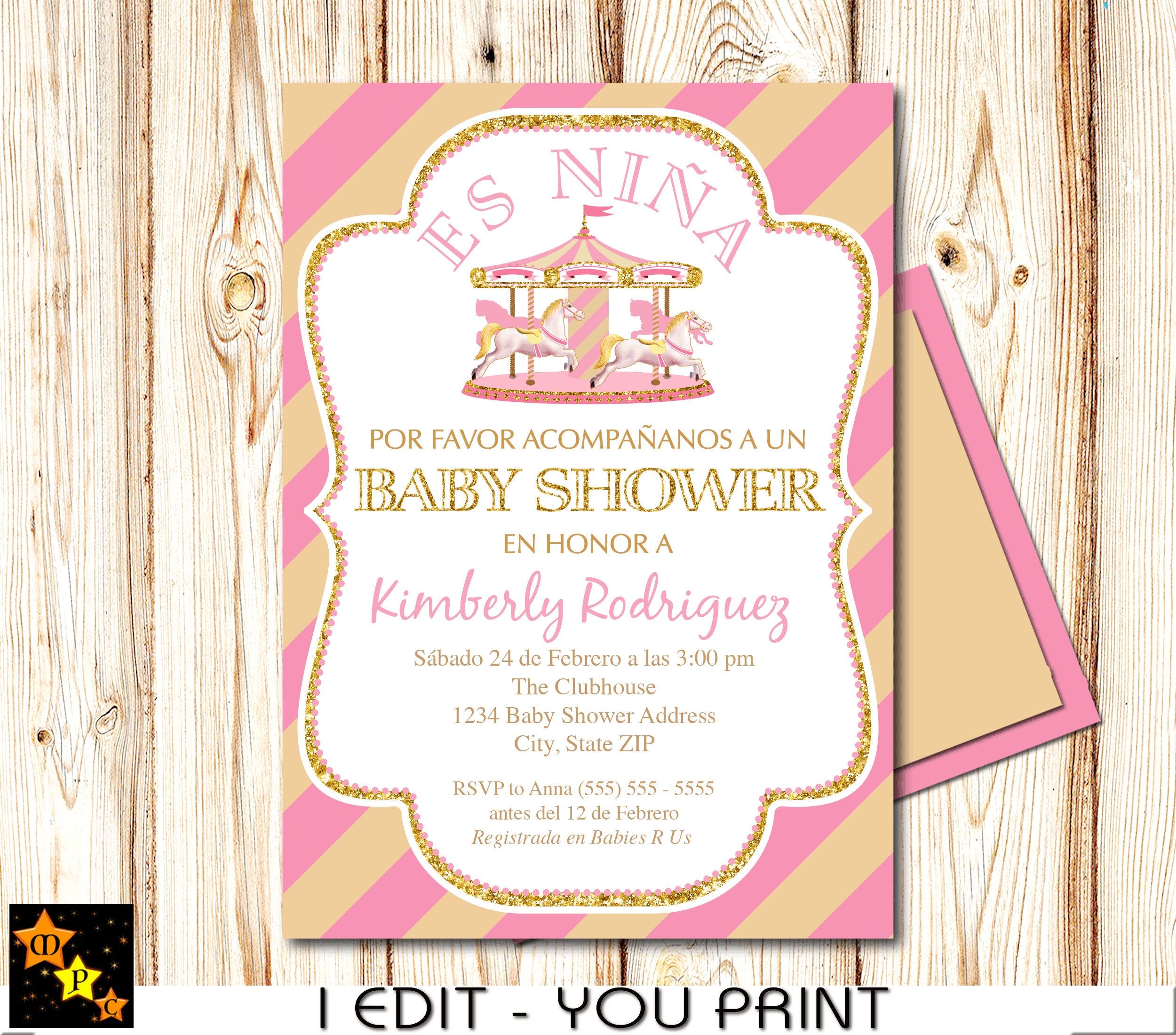 Spanish Baby Shower Invitation Girl Pink and Gold Carousel Etsy