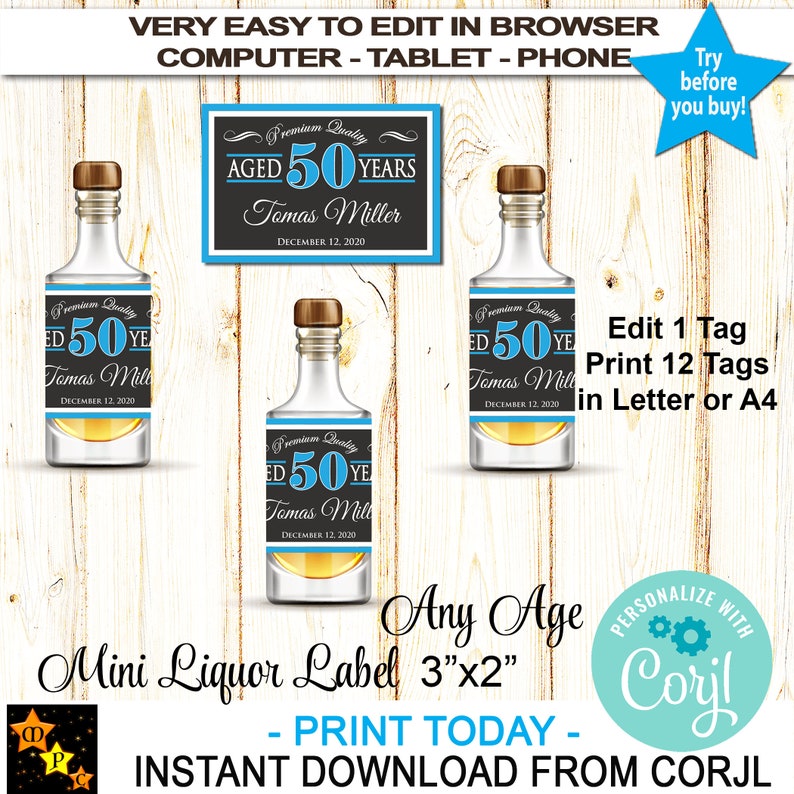 Any Age Whiskey Label White Digital File Printable Aged to Perfection Instant Download EDITABLE Water Bottle Label CORJL