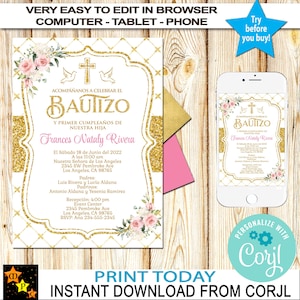 Convite de batismo espanhol e 1º aniversário (qualquer idade), flores rosas delicadas, download instantâneo, edição em Corjl, para impressão, faça você mesmo, 5"x7"