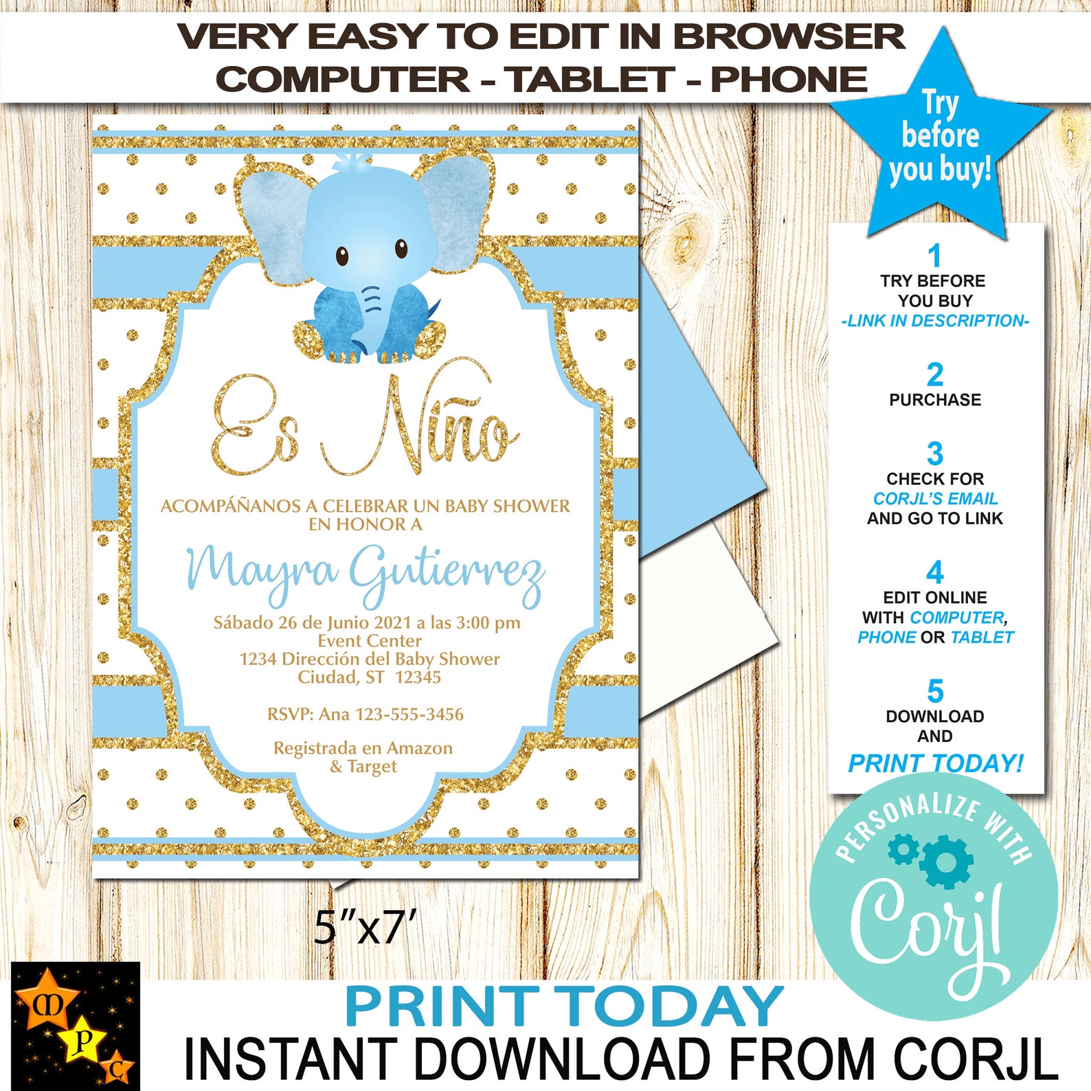 Spanish Baby Shower Invitation Blue Watercolor and Gold Etsy