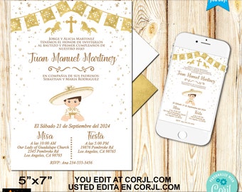 Spanish Baptism and 1st Birthday-Any Age-Invitation, Charro, Mexican Theme, Gold Foil, Instant Download, Edit in Corjl, DIY, 5x7