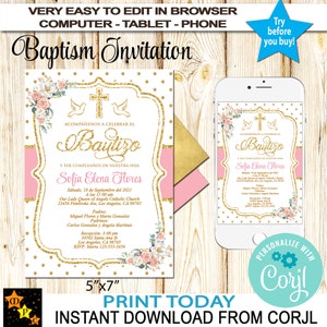 Convite de batismo espanhol e 1º aniversário (qualquer idade), flores rosas delicadas, download instantâneo, edição em Corjl, para impressão, faça você mesmo, 5"x7" BIPF