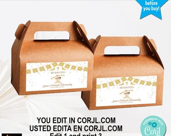 May include: Two brown favor boxes with handles, each featuring a label with gold accents and the text "MI BAUTIZO." The boxes have the text "VERY EASY TO EDIT IN BROWSER" and "YOU EDIT IN CORJL.COM."
