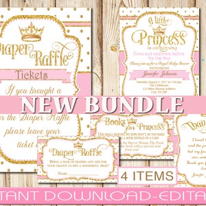 May include: A printable set of four pink and gold baby shower party signs. The signs include a diaper raffle ticket, a thank you sign, a book request sign, and a baby shower invitation. The signs feature a gold glitter crown and polka dots.
