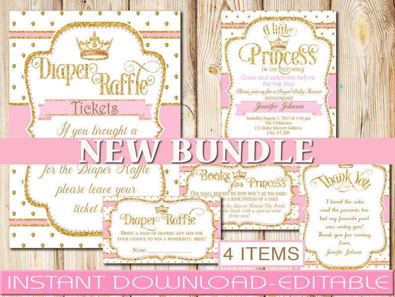 May include: A printable set of four pink and gold baby shower party signs. The signs include a diaper raffle ticket, a thank you sign, a book request sign, and a baby shower invitation. The signs feature a gold glitter crown and polka dots.