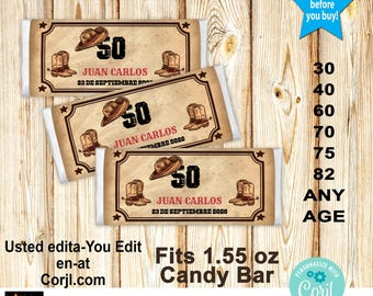 Western Chocolate Candy Bar Wrapper, Vaquera Birthday, Any Age, All text editable, Fits 1.55oz Candy Bar, Edit and Download in Corjl