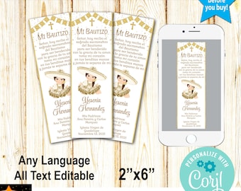 Spanish Baptism Bookmark, Separador, Gold, Charra, Girl, Mexican Style, Instant Download from Corjl, DIY, Printable, Edit in Corjl