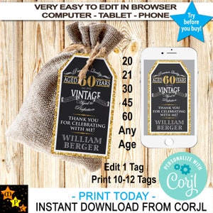 ありがとうタグ、ウイスキーラベル、完璧に熟成、誕生日、あらゆる年齢、ゴールドグリッター、Corjl からすぐにダウンロード、印刷可能、2x3.5、編集可能