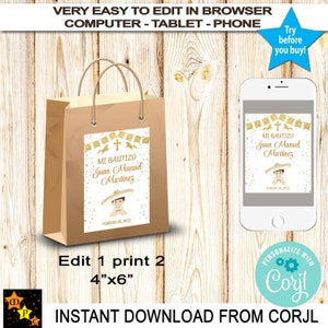 Etiquetas de agradecimiento por el bautismo, bolsa de regalo, temática mexicana, charro, niño, dorado, bricolaje, descarga instantánea de Corjl, imprimible, 4" x 6", edita con Corjl
