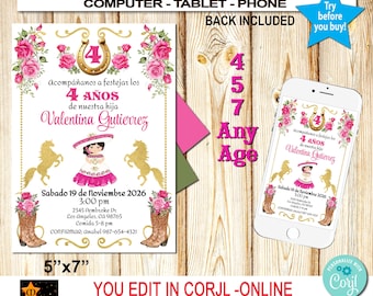 Mexican Charra Birthday Invitation Girl, Pink Flowers, Corjl Template (Digital Download)
