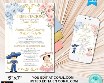 Presentation 3 years Invitation, Boy, Girl, Twins, Printable, Blue Pink, Mexican Theme, Edit and Download in Corjl, 5"x7"