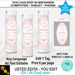 Mi Bautizo Cielito Lindo Baptism Candle Labels, Pink White, Mexican Theme, Printable, Editable, Talavera, Edit and Download in Corjl