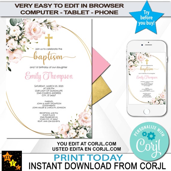 Baptism Invitation Baptism First Birthday Pale Blush Pink Etsy