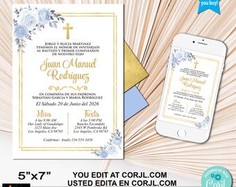 Spanish Baptism Invitation, Blue Floral Gold, Editable in Corjl 5x7