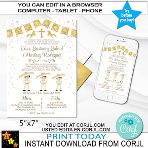Invitación editable para bautizo de charro, 3 charros pequeños, 3 niños, dorada, español (cualquier idioma), descarga instantánea, edición en Corjl, 5x7