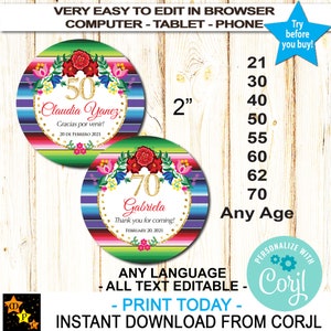 May include: Two printable 2-inch round stickers with a colorful Mexican fiesta theme. The first sticker features the number 50 with the text "Claudia Yanez Gracias por venir! 20 de FEBRERO 2021". The second sticker features the number 70 with the text "Gabriela Thank you for coming! FEBRUARY 20, 2021".