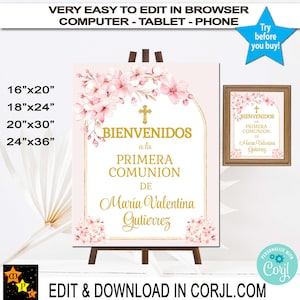 Welcome Sign, Cherry Flowers, Editable, Printable, First Communion, Primera Comunión, Edit and Download in Corjl, 4 sizes