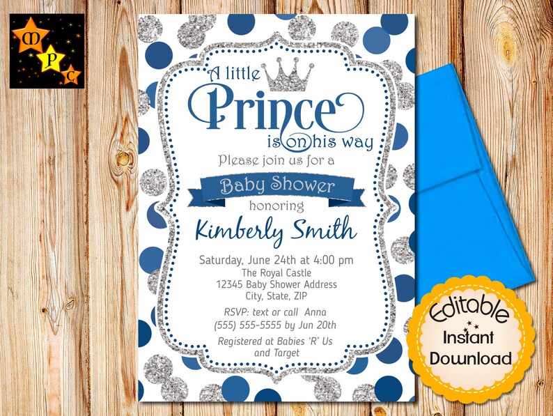 Prince Baby Shower Invitation Boy Royal Blue And Silver Etsy Prince Baby Shower Invitation Boy Royal Blue And Silver Etsy