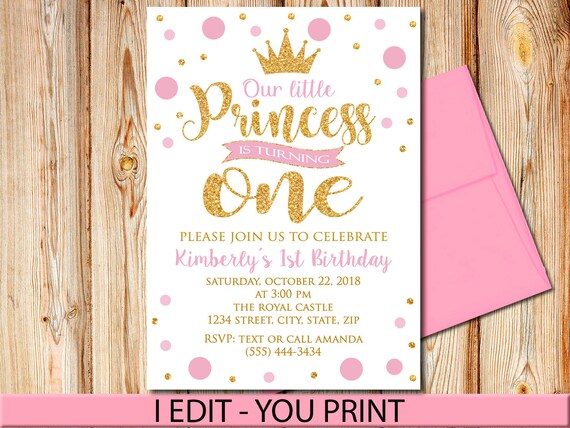 pink and gold princess first birthday invitation girl princess birthday invite any ages dots confetti printable digital file princess first birthday invitations