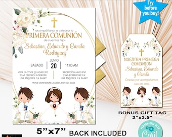 Triplets First Communion Invitation, 2 Boys and 1 Girl, Editable Gift Tag (Digital Download)