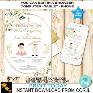 Présentation Invitation de 3 ans, fille garçon, jumeaux, imprimable, fleurs blanches, thème mexicain, édition et téléchargement en corjl, 5 x 7 po