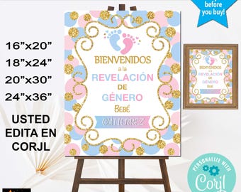 Gender Reveal Welcome Sign, Pink Blue Gold, Edit and Download in Corjl 4 sizes