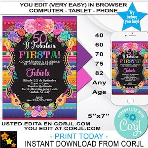 Spanish Birthday Invitation, Mexican Fiesta Flowers, Any Age, Sarape Background, Instant, Edit in Corjl, Printable, K 5x7