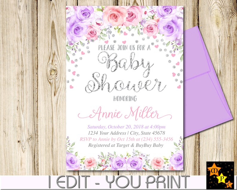 Diaper Raffle Shabby Chic Lavender Instant Download Flowers DIY Blush Pink and SIlver LSGF1 3.5 x 2 Floral Printable