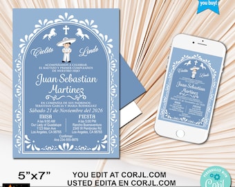 Spanish Baptism and 1st Birthday Invitation, Blue Mexican Silver Charro (Printable, Edit in Corjl)