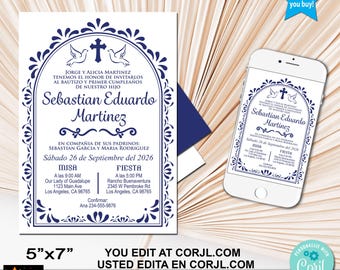 Spanish Baptism and 1st Birthday Invitation, Navy Blue Mexican Bautizo, 5x7 (Printable Edit, Corjl Download)