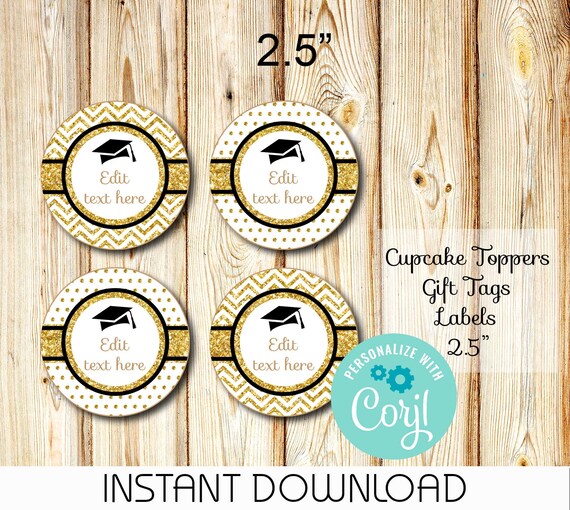 Editable Cupcake Toppers Graduation Black and Gold Glitter | Etsy