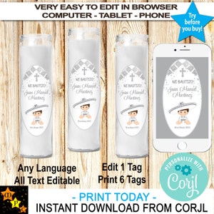 Mi Bautizo Baptism Candle Labels, Silver Baby Charro, Charrito, Pritable, SIlver Confetti, Edit and Download in Corjl
