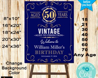 May include: A blue and gold printable birthday sign with the text "Vintage - Aged to Perfection" and "Welcome to William Miller's Birthday - November 19, 2024". The sign is decorated with gold swirls and a gold circle with the number 50 inside. The sign is available in various sizes, from 8x10 inches to 24x36 inches.