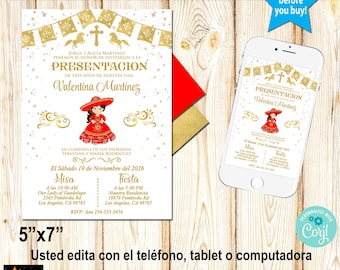 Editable Presentation Invitation, 3 years, Red and Gold, Charrita, Edit able, Printable, Corjl