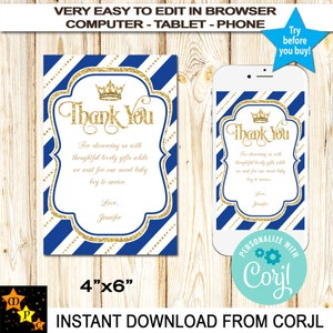 Royal Prince-bedankkaarten, blauw en goud, babyshower, verjaardag, bewerkbaar in Corjl Direct downloaden van Corjl, DIY, 4 x 6 inch, RPBBG1