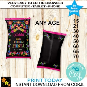 Bolsa de chips con flores mexicanas para fiestas, colores brillantes, para cualquier edad, descarga instantánea desde Corjl, imprimible, edición con Corjl