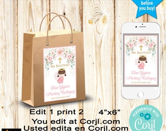 Baptism Thank You,  Labels for Bag, Angel, Angelita, Pink Roses, Edit and Download at Corjl, 4"x 6, Printable